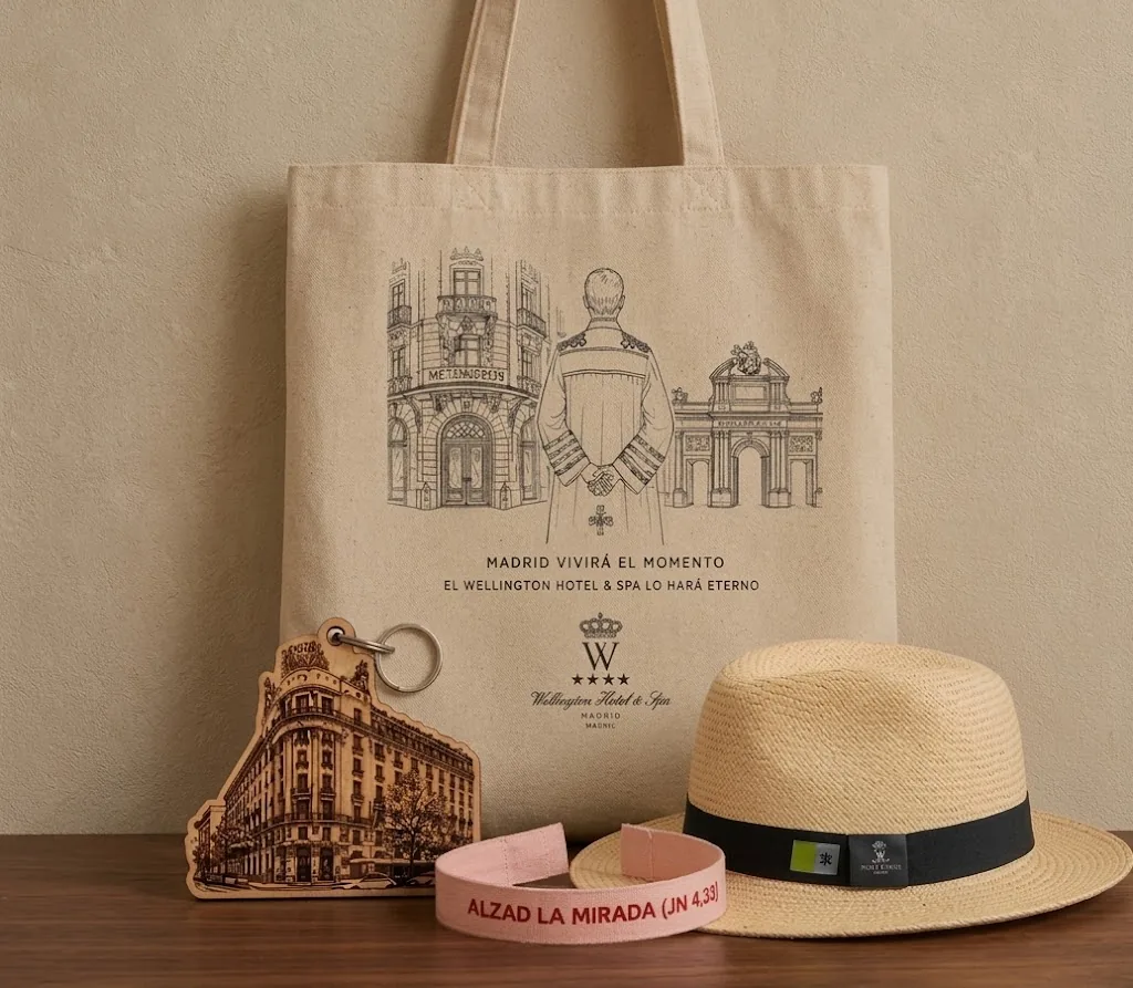[FOTO KIT WELLINGTON] Bolsa, llavero de madera, pulsera y sombrero