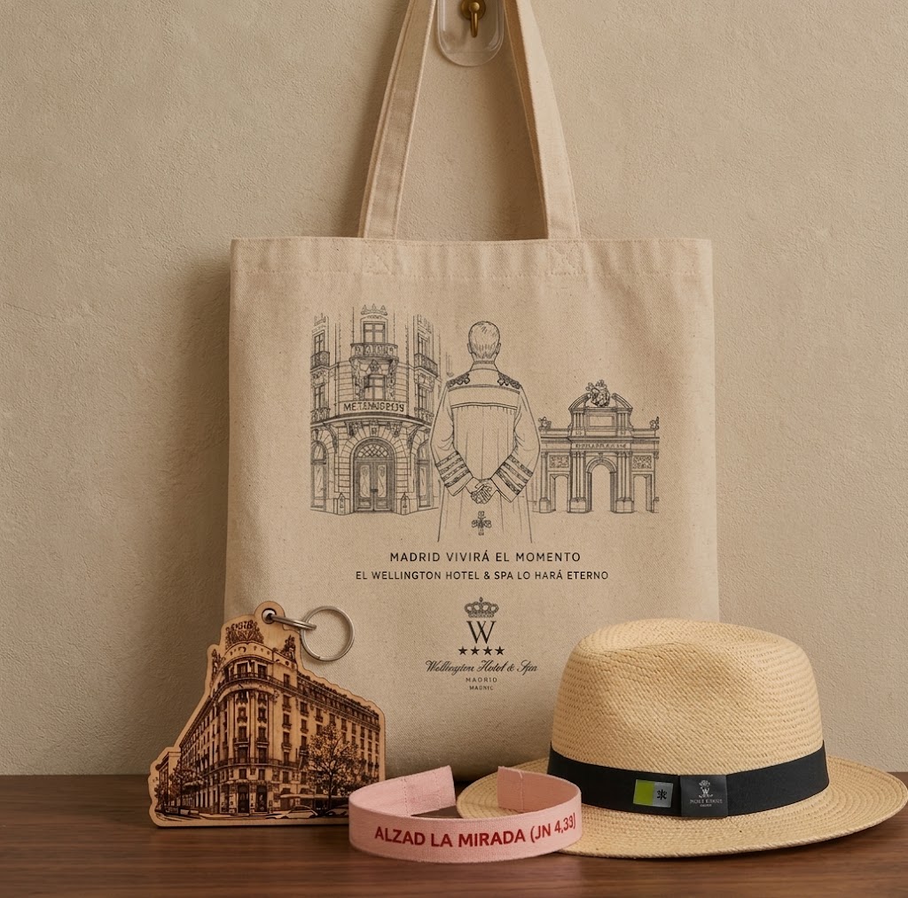[FOTO KIT WELLINGTON] Bolsa, llavero de madera, pulsera y sombrero