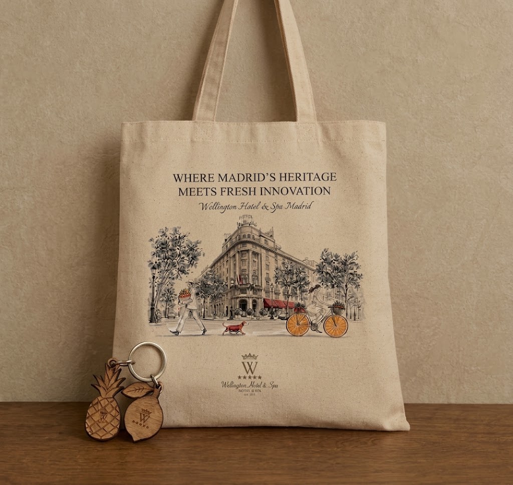 [FOTO KIT WELLINGTON] Bolsa ilustrada con la fachada del hotel y llaveros de madera