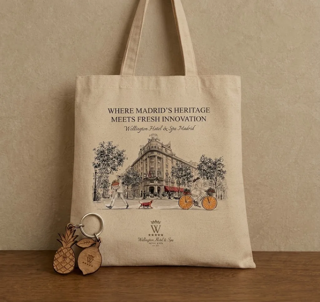 [FOTO KIT WELLINGTON] Bolsa ilustrada con la fachada del hotel y llaveros de madera